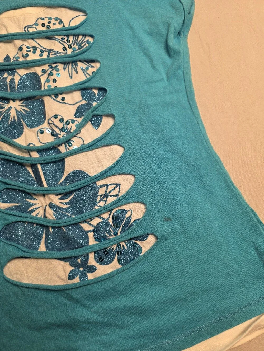 Blue Layered Cutout Floral Tee